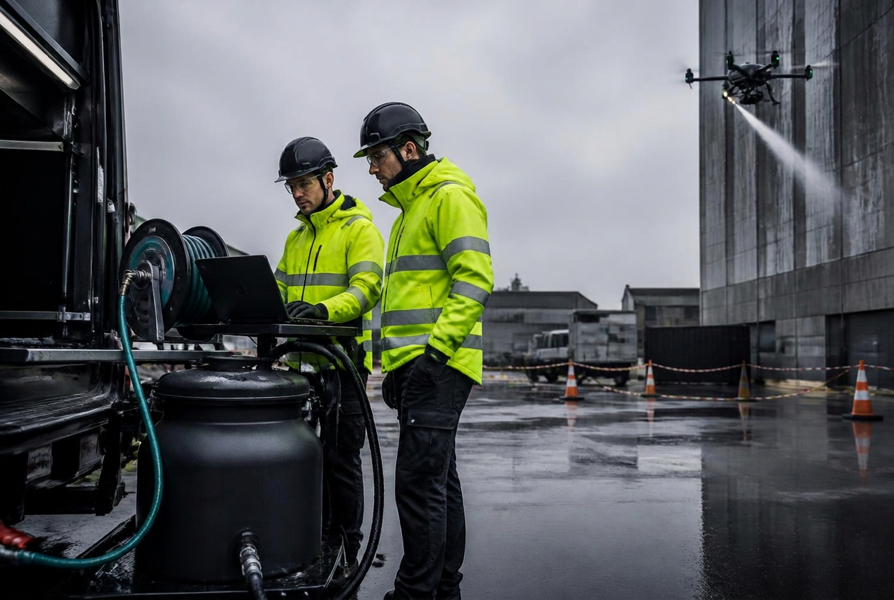 Ground team in PPE monitoring a drone cleaning operation