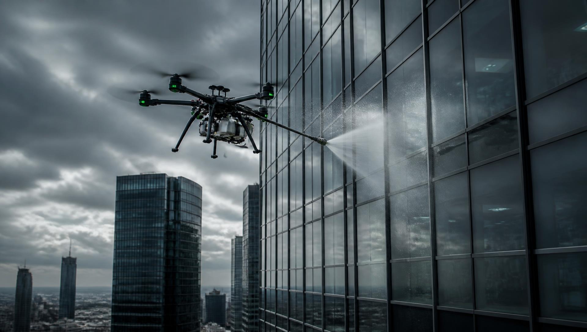 Cleaning drone spraying purified water onto the glass façade of a high-rise building