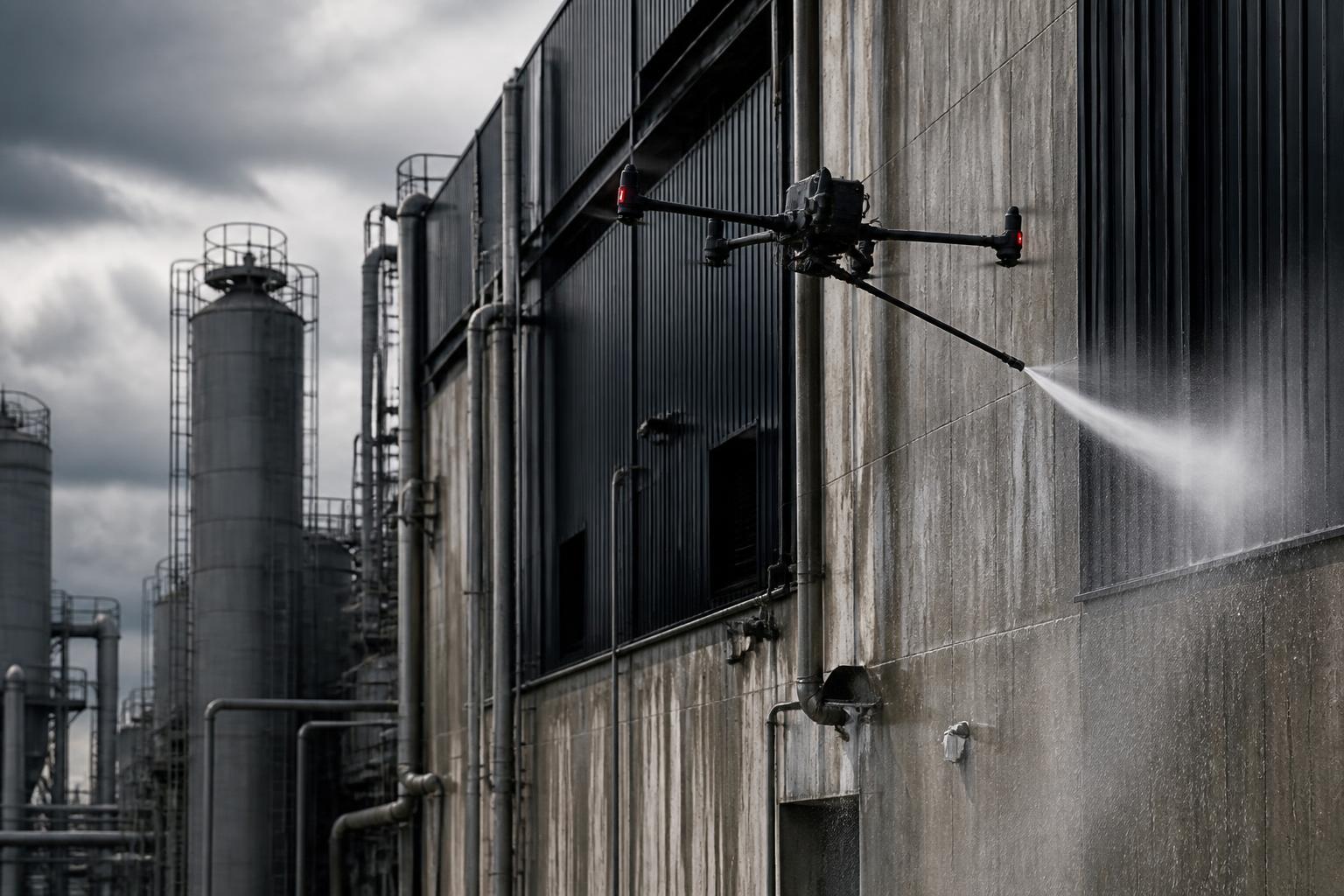 Drone cleaning the cladding of an industrial facility