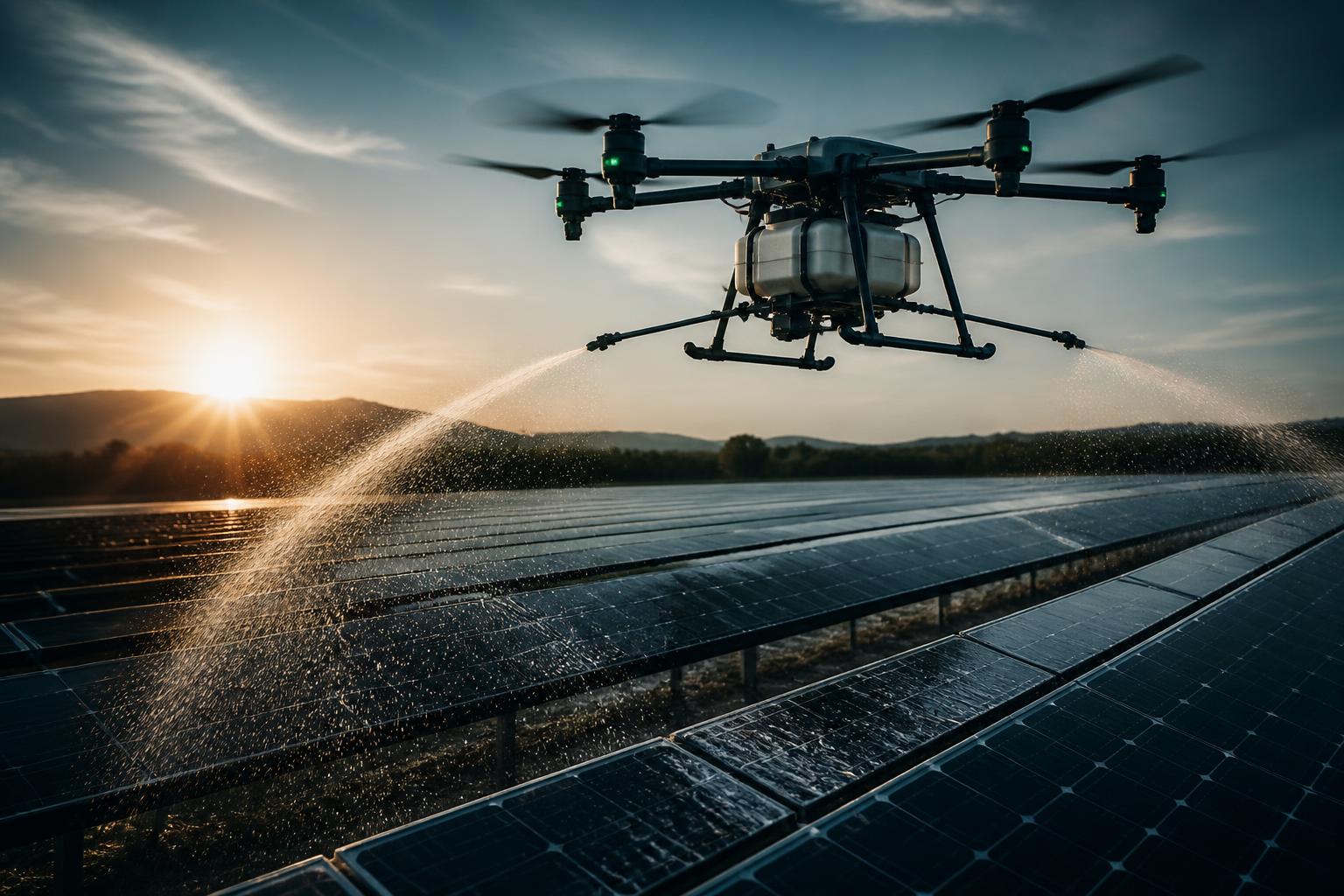 Drone cleaning photovoltaic panel rows at a solar park